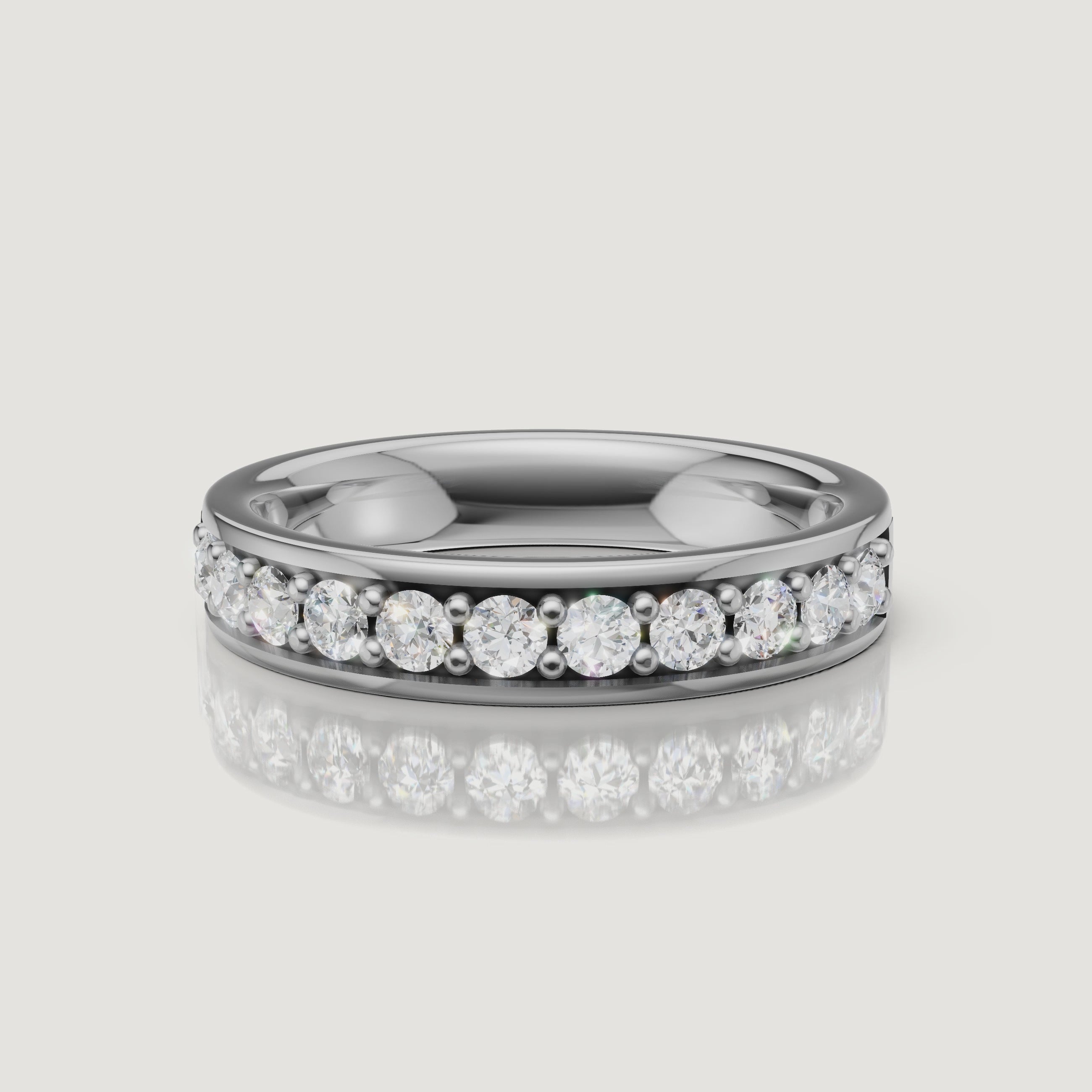 White gold shared prong diamond wedding band video with sparkling diamonds