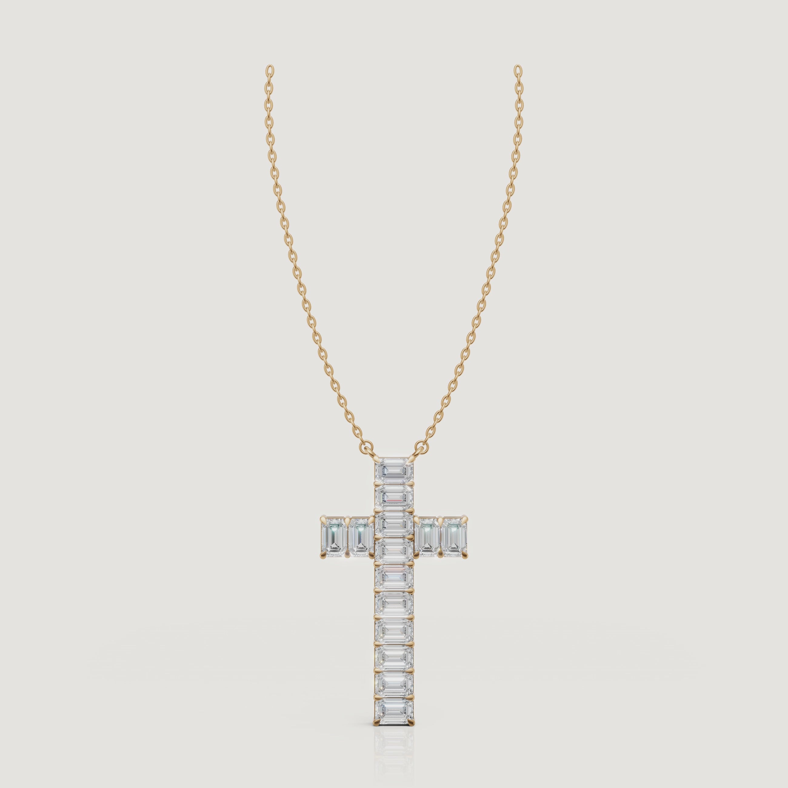 Yellow Gold Emerald Cut Diamond Cross Pendant Necklace Video by Raul Diamonds