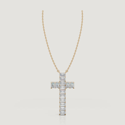 Yellow Gold Emerald Cut Diamond Cross Pendant Necklace Video by Raul Diamonds