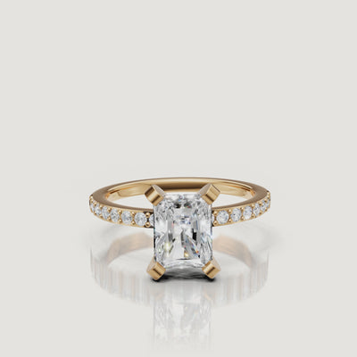 Radiant cut lab grown diamond pavé engagement ring in 14K yellow gold by Raul Diamonds video showcase