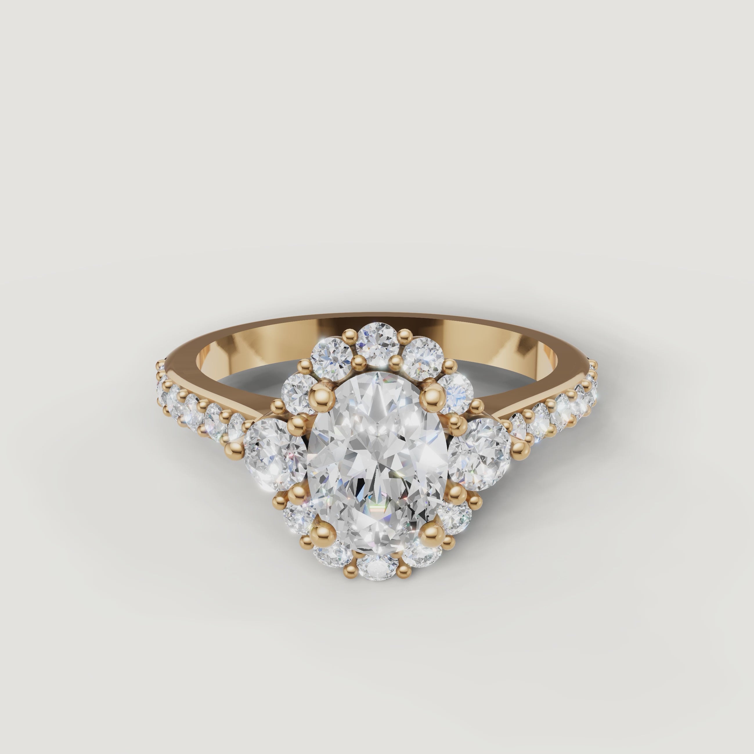 360 video of Raul Diamonds yellow gold oval halo diamond engagement ring with pavé band