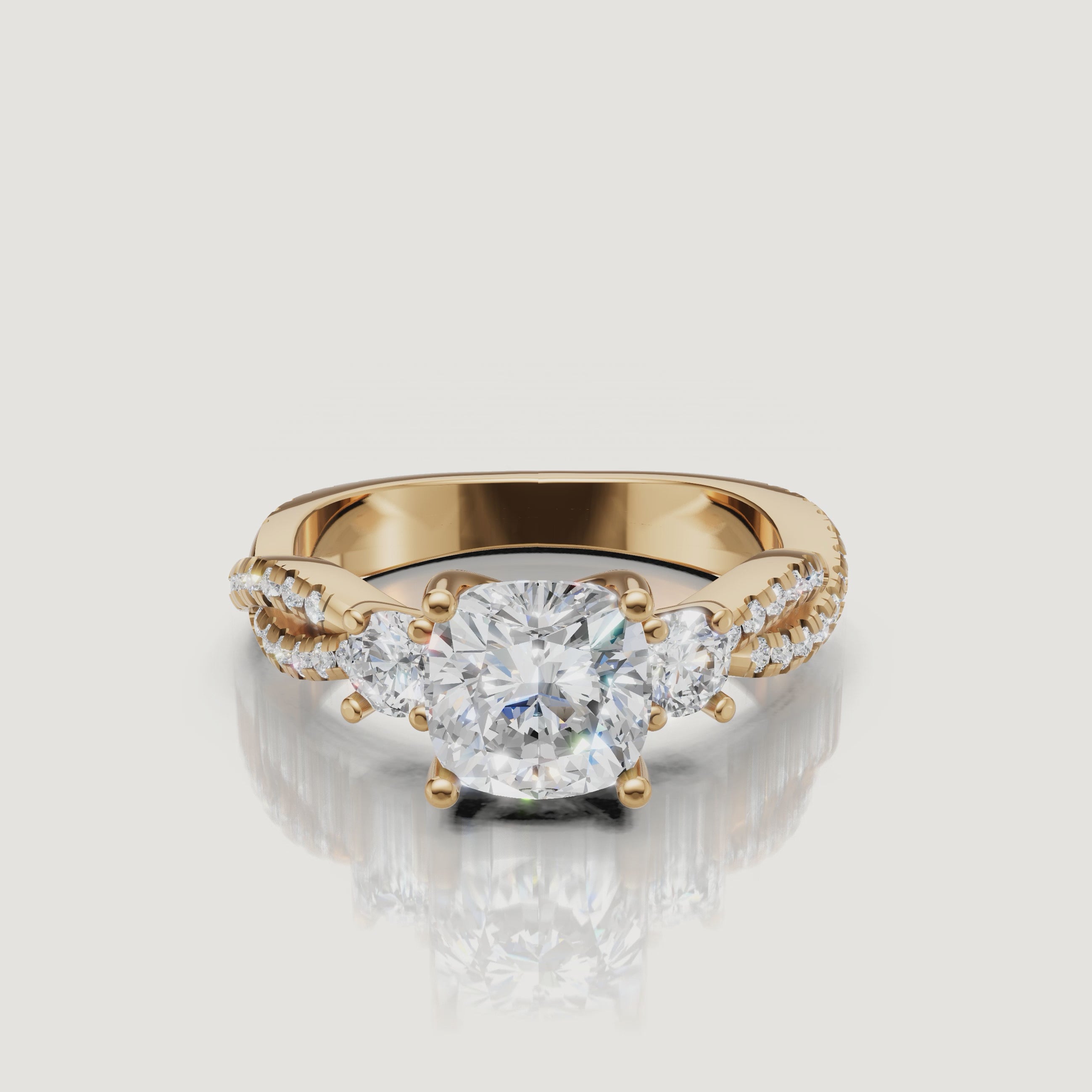 Cushion Cut Three Stone Lab Diamond Ring Video in Yellow Gold – Raul Diamonds