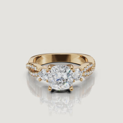 Cushion Cut Three Stone Lab Diamond Ring Video in Yellow Gold – Raul Diamonds