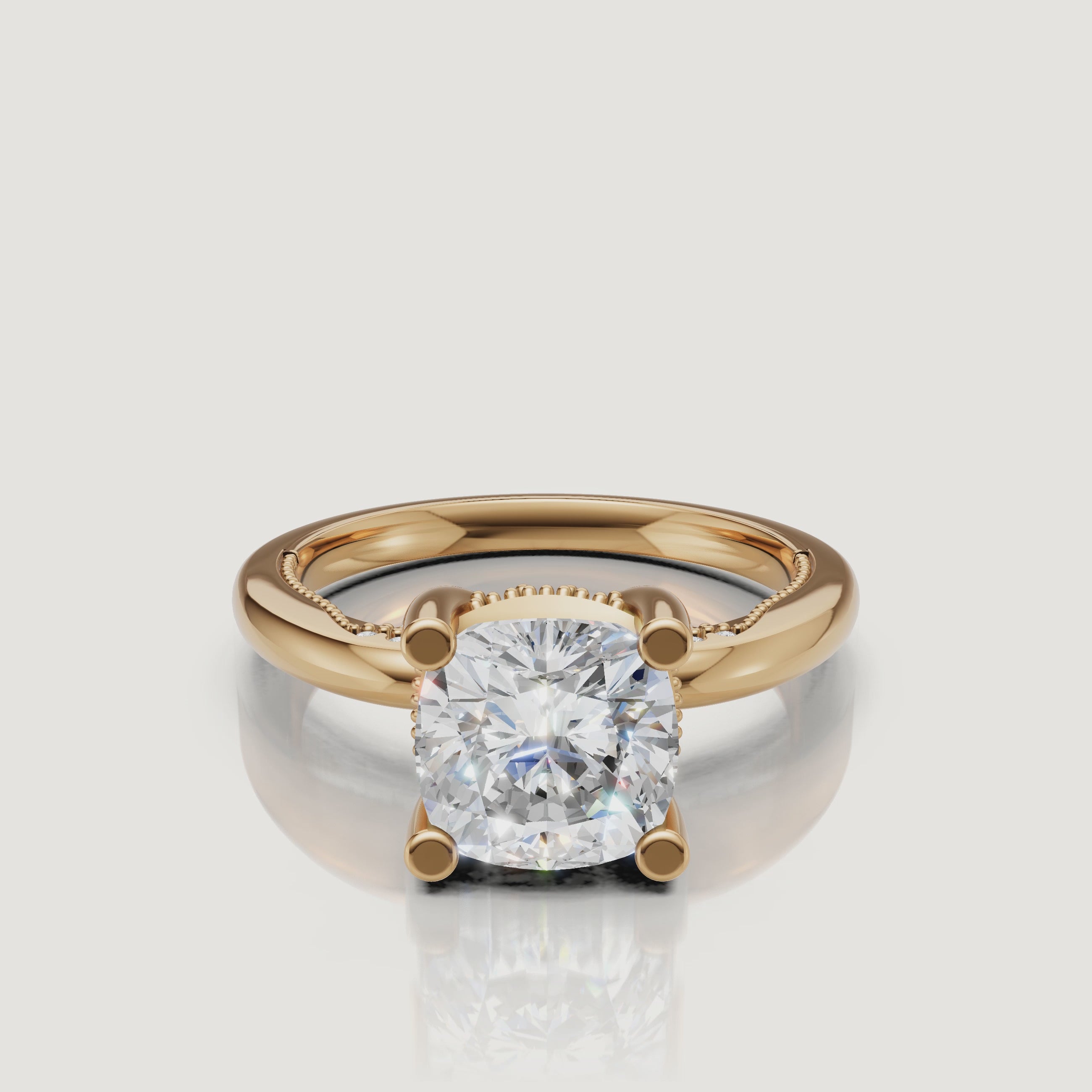 Cinematic 4K video of a Raul Diamonds cushion cut ring in yellow gold, rotating to show the hidden halo and brilliant facet light performance