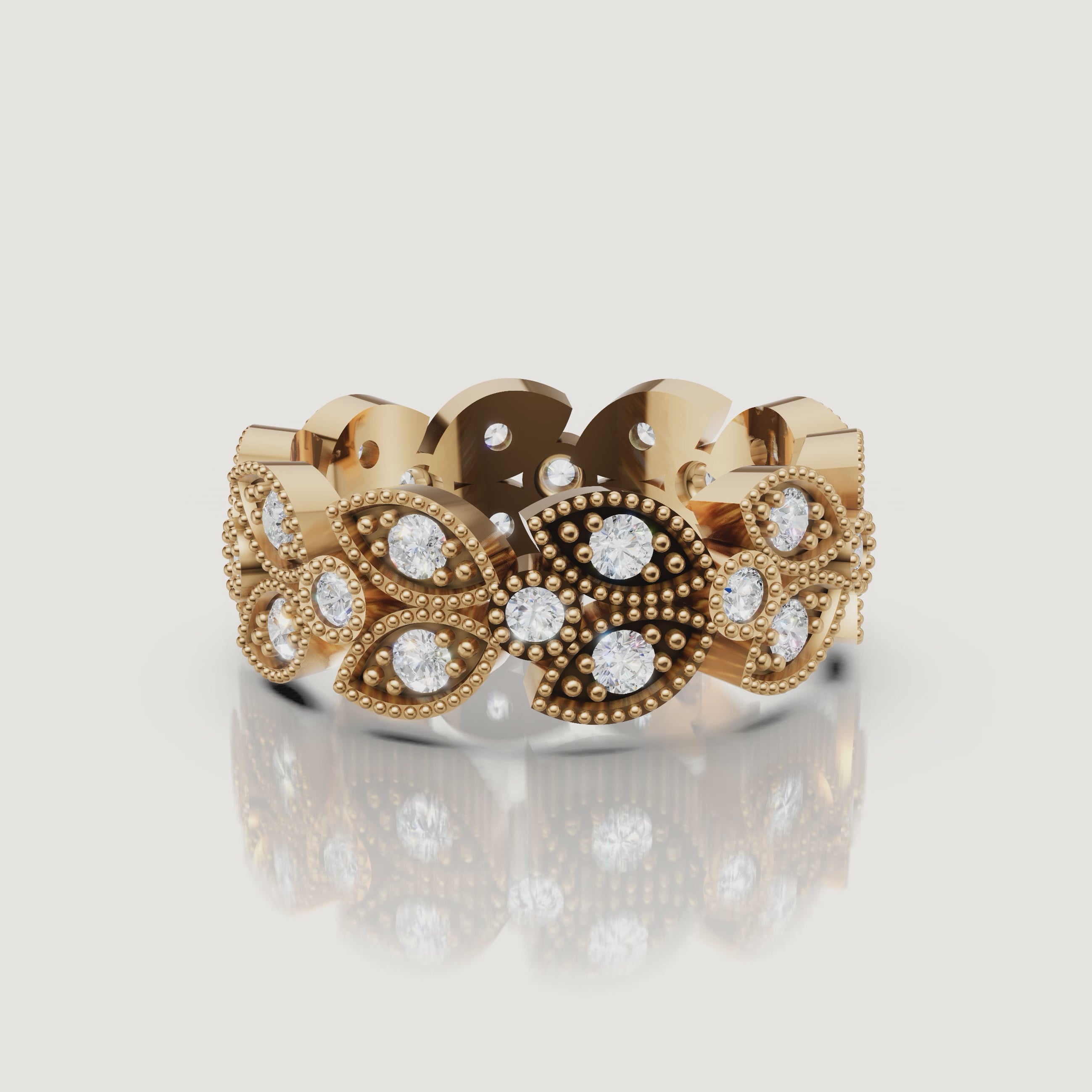 rotating view of floral inspired round lab grown diamond eternity band