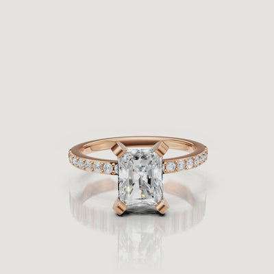 Elongated radiant lab grown diamond engagement ring with pavé band in 14K rose gold by Raul Diamonds video view