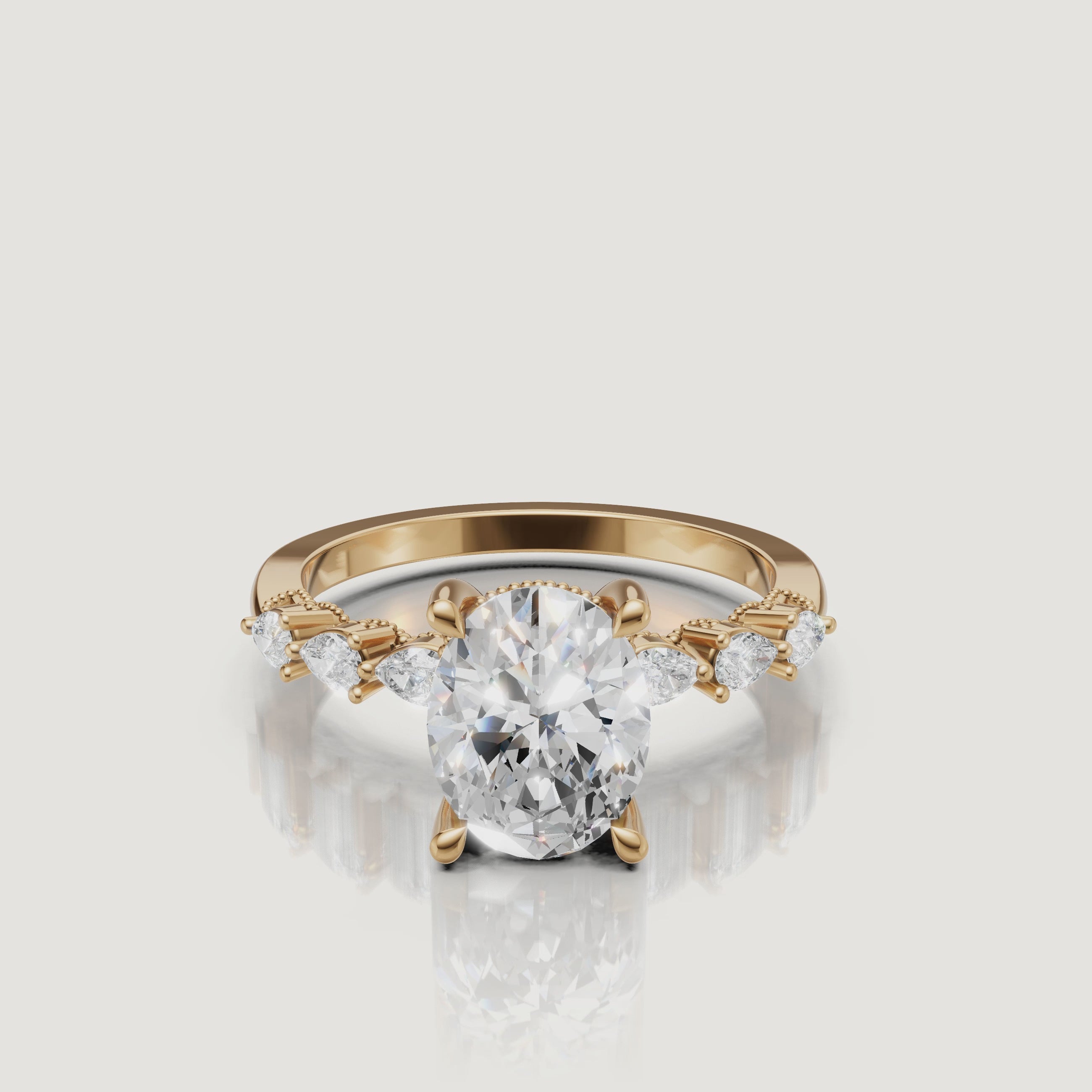 Video of oval cut lab grown diamond engagement ring in 14K yellow gold with marquise side stones by Raul Diamonds