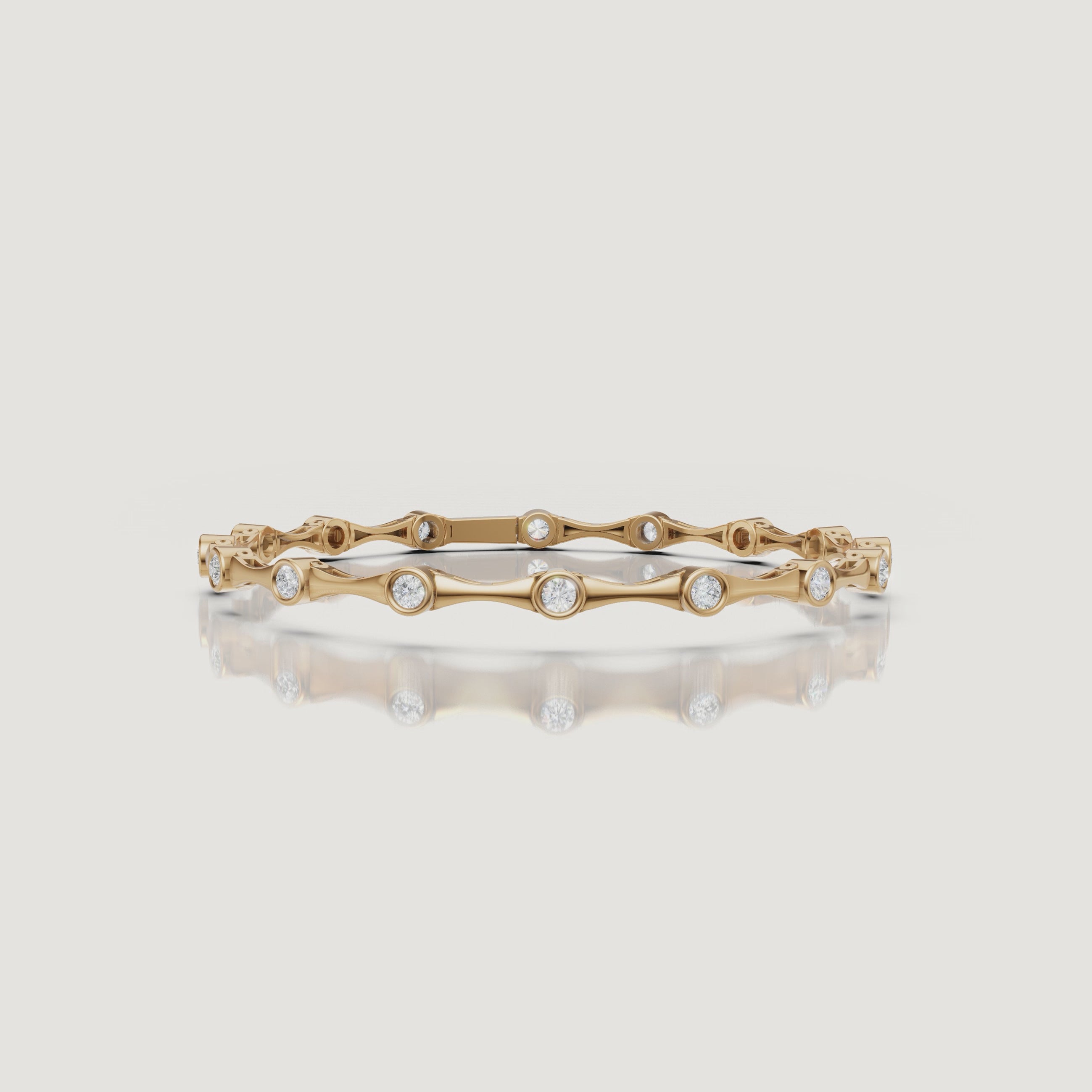 Luxury yellow gold minimalist diamond bracelet video by Raul Diamonds with sparkling lab grown diamonds, elegant wrist motion, cinematic close-up shots, and refined fine jewelry styling