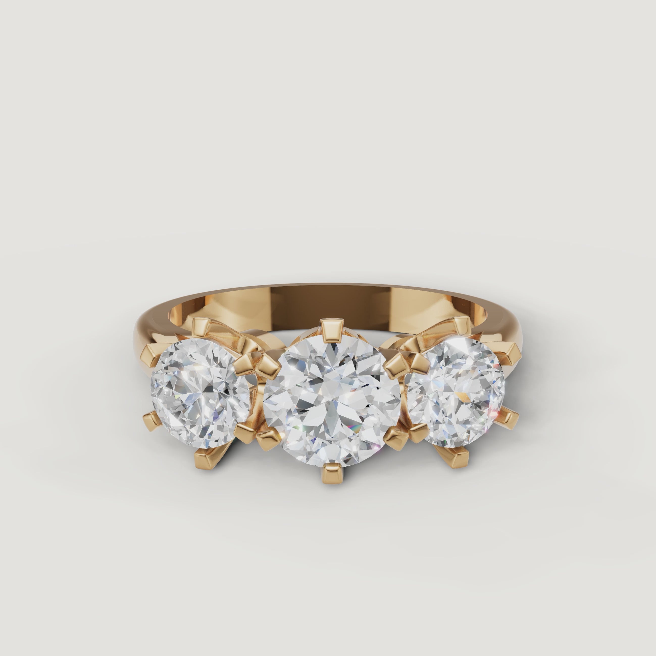 360 video of Raul Diamonds yellow gold round three stone diamond engagement ring with polished gold band