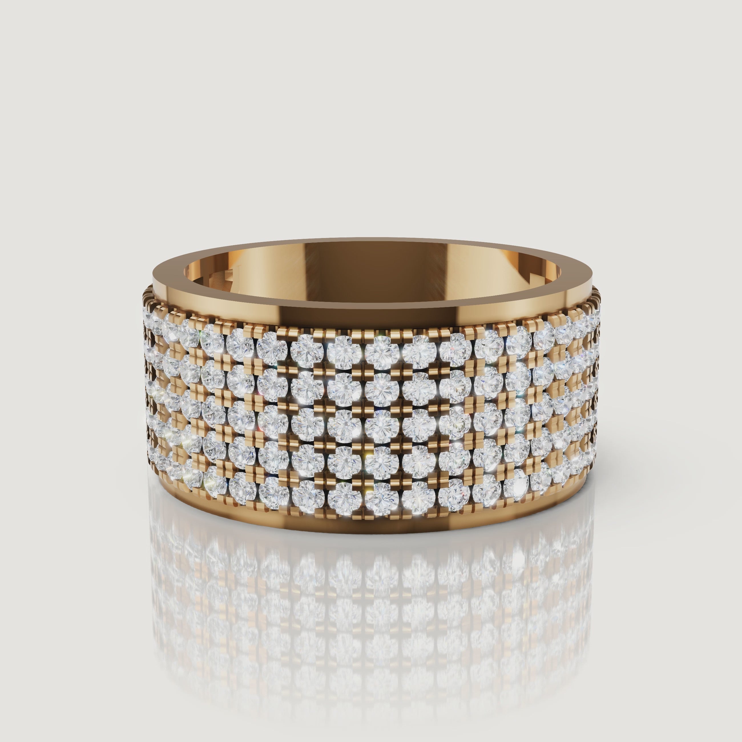 360 rotating video of Raul Diamonds yellow gold pavé diamond wedding band with multi row design