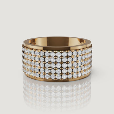 360 rotating video of Raul Diamonds yellow gold pavé diamond wedding band with multi row design