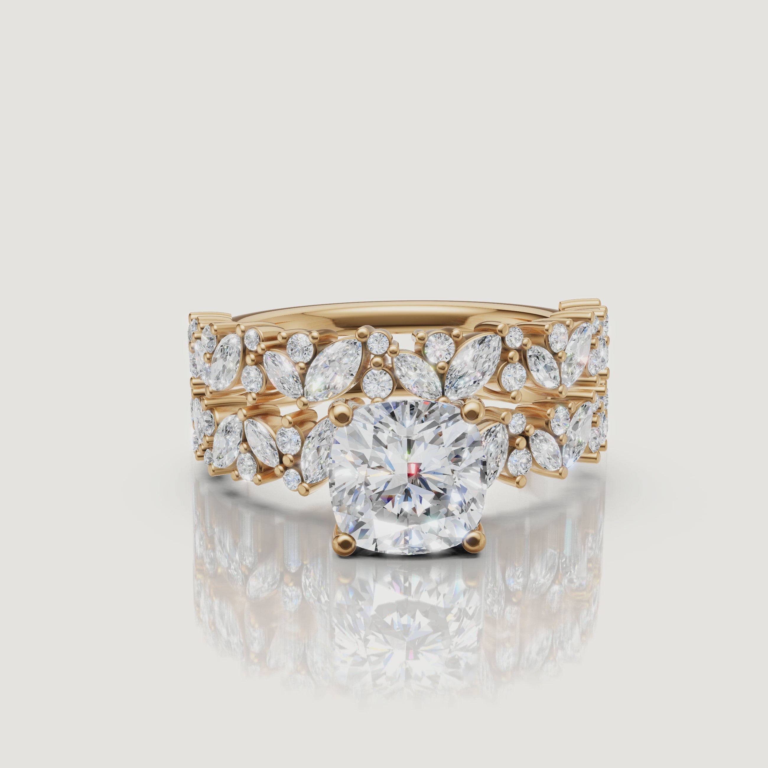 Yellow Gold Cushion Cut Diamond Bridal Set Video by Raul Diamonds