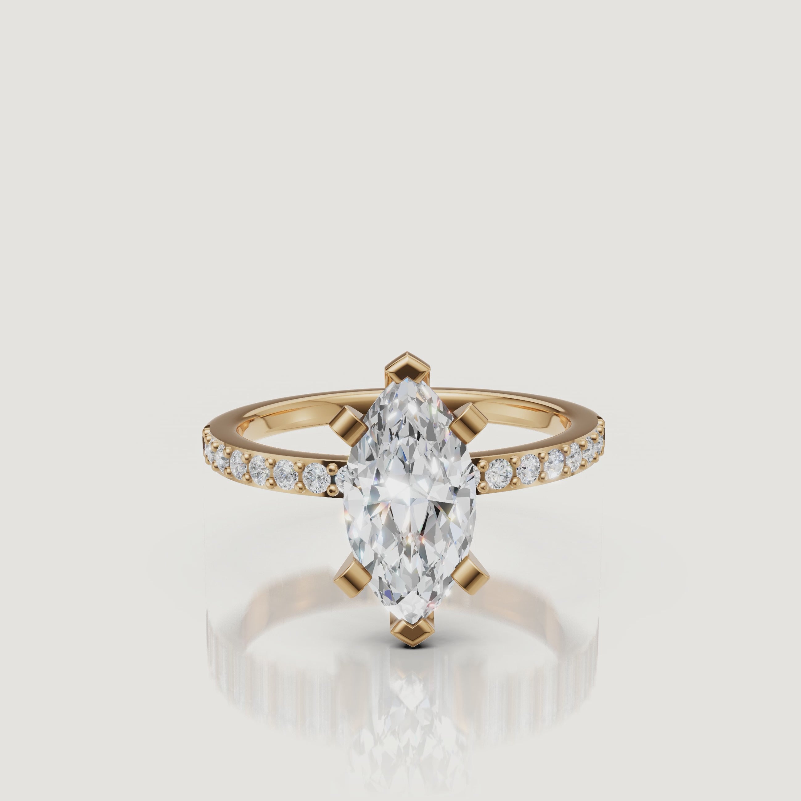 rotating marquise lab grown diamond engagement ring with pavé band