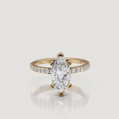 rotating marquise lab grown diamond engagement ring with pavé band