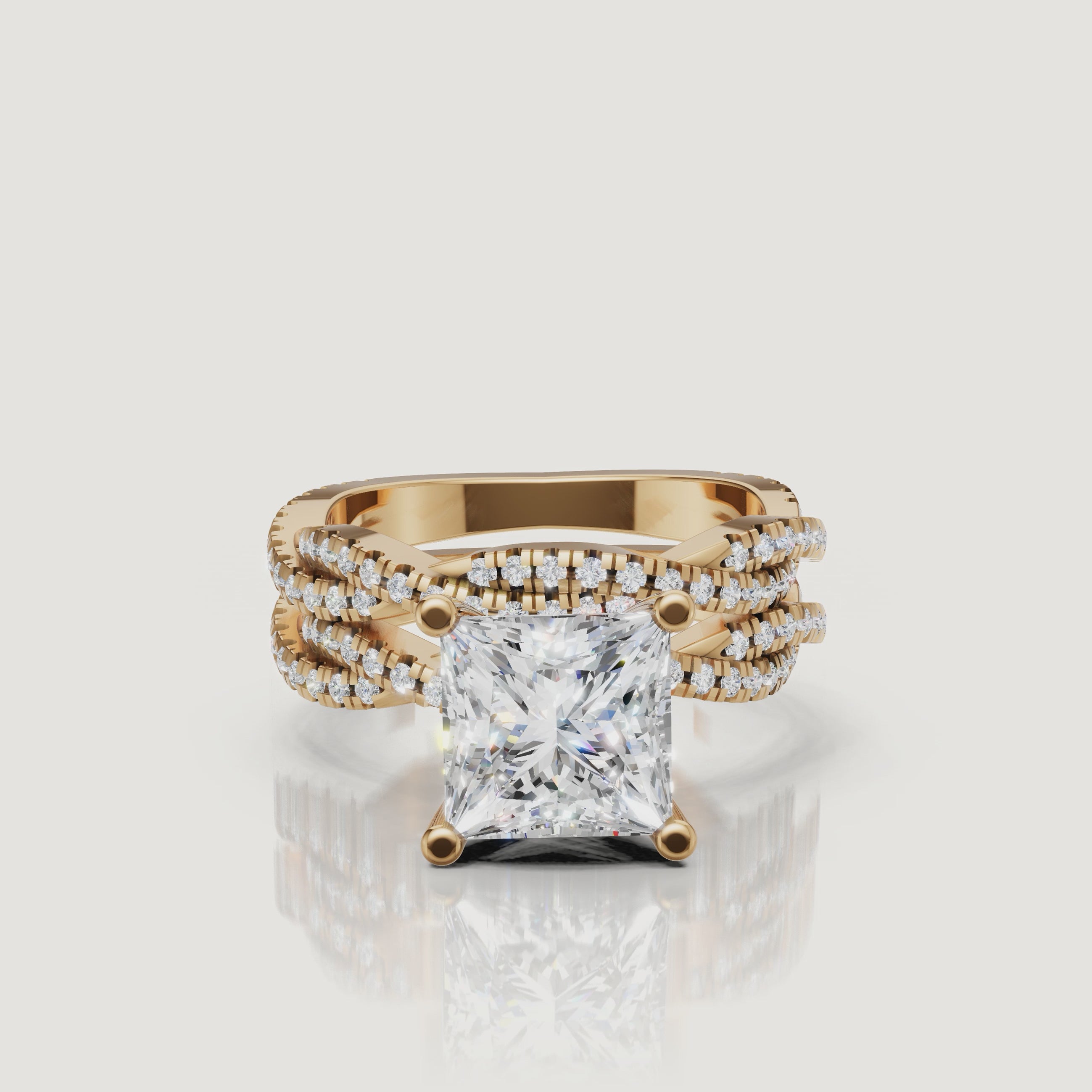 Yellow Gold Princess Cut Split Shank Bridal Set Video by Raul Diamonds