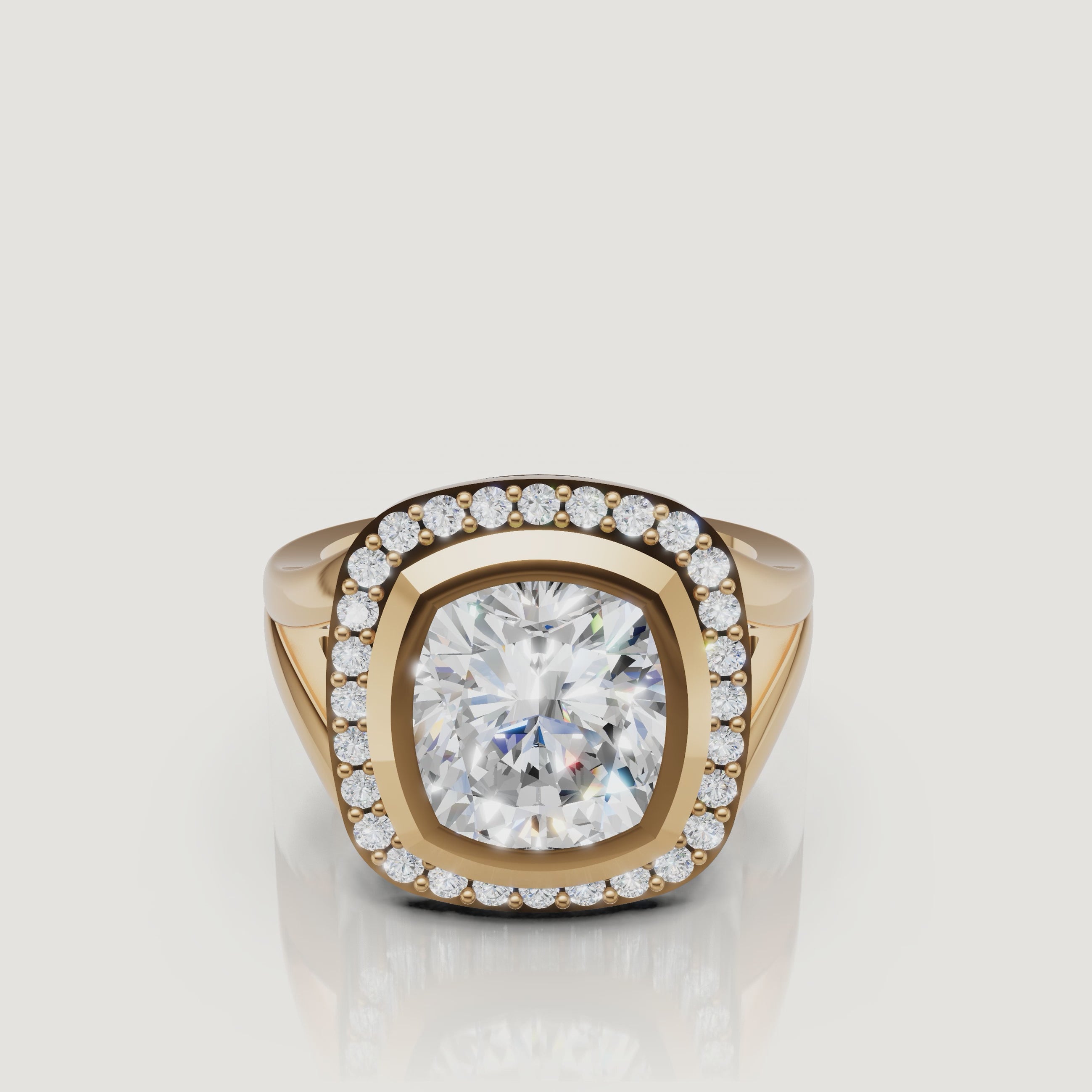 360 video of Raul Diamonds yellow gold pear diamond halo engagement ring with sparkling center stone.