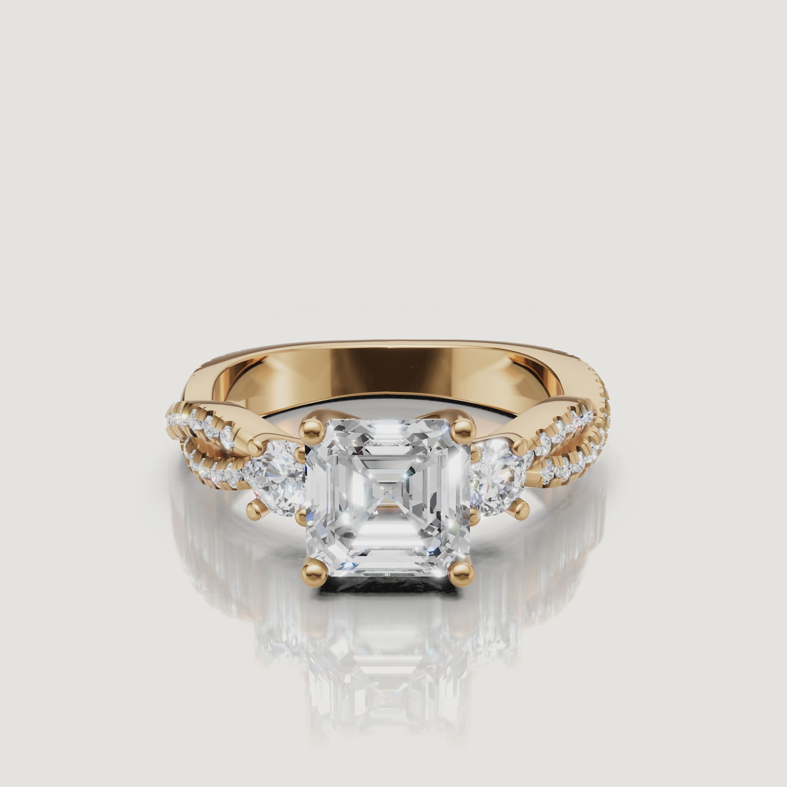 Asscher Cut Three Stone Lab Diamond Ring Video in Yellow Gold – Raul Diamonds
