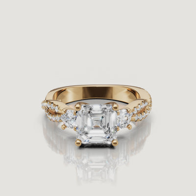 Asscher Cut Three Stone Lab Diamond Ring Video in Yellow Gold – Raul Diamonds