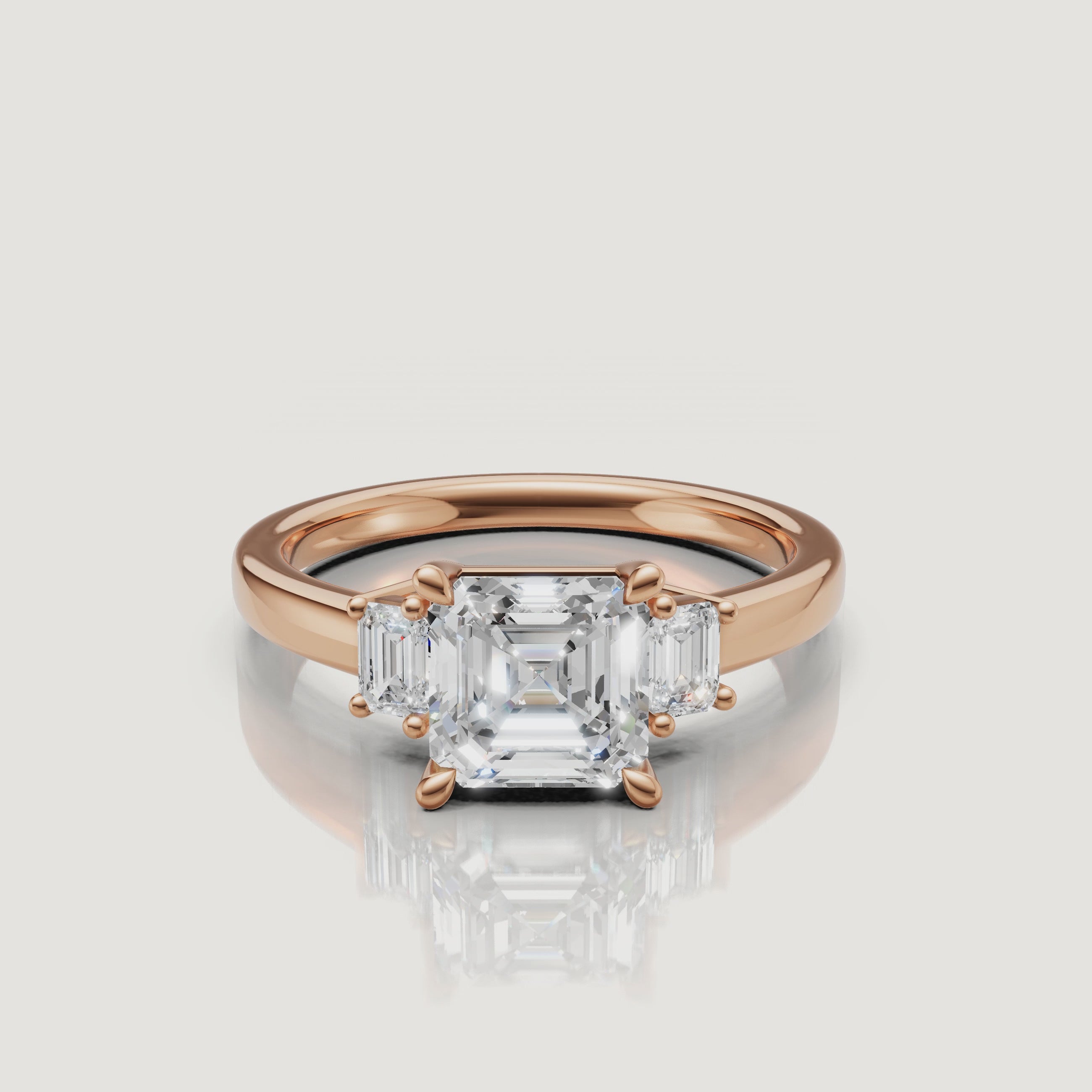 Vintage inspired Asscher lab grown diamond engagement ring with side stones in 14K rose gold by Raul Diamonds video view