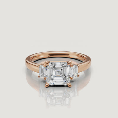 Vintage inspired Asscher lab grown diamond engagement ring with side stones in 14K rose gold by Raul Diamonds video view