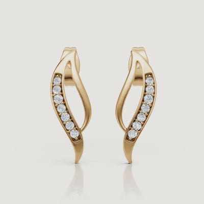 Yellow gold curved diamond stud earrings video showcasing elegant pave sparkle by Raul Diamonds