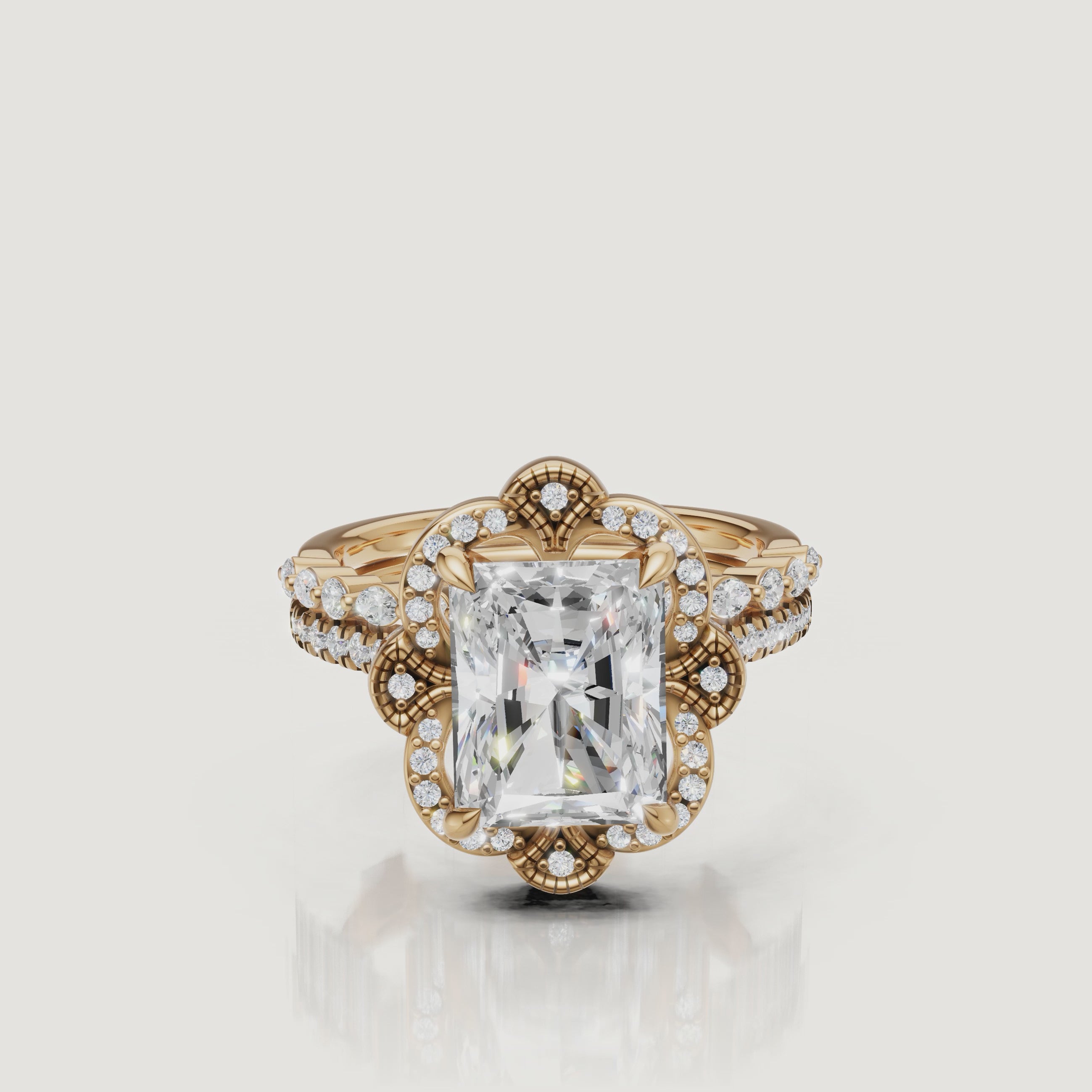 Yellow Gold Radiant Cut Floral Halo Bridal Set Video by Raul Diamonds