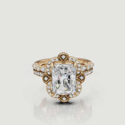 Yellow Gold Radiant Cut Floral Halo Bridal Set Video by Raul Diamonds