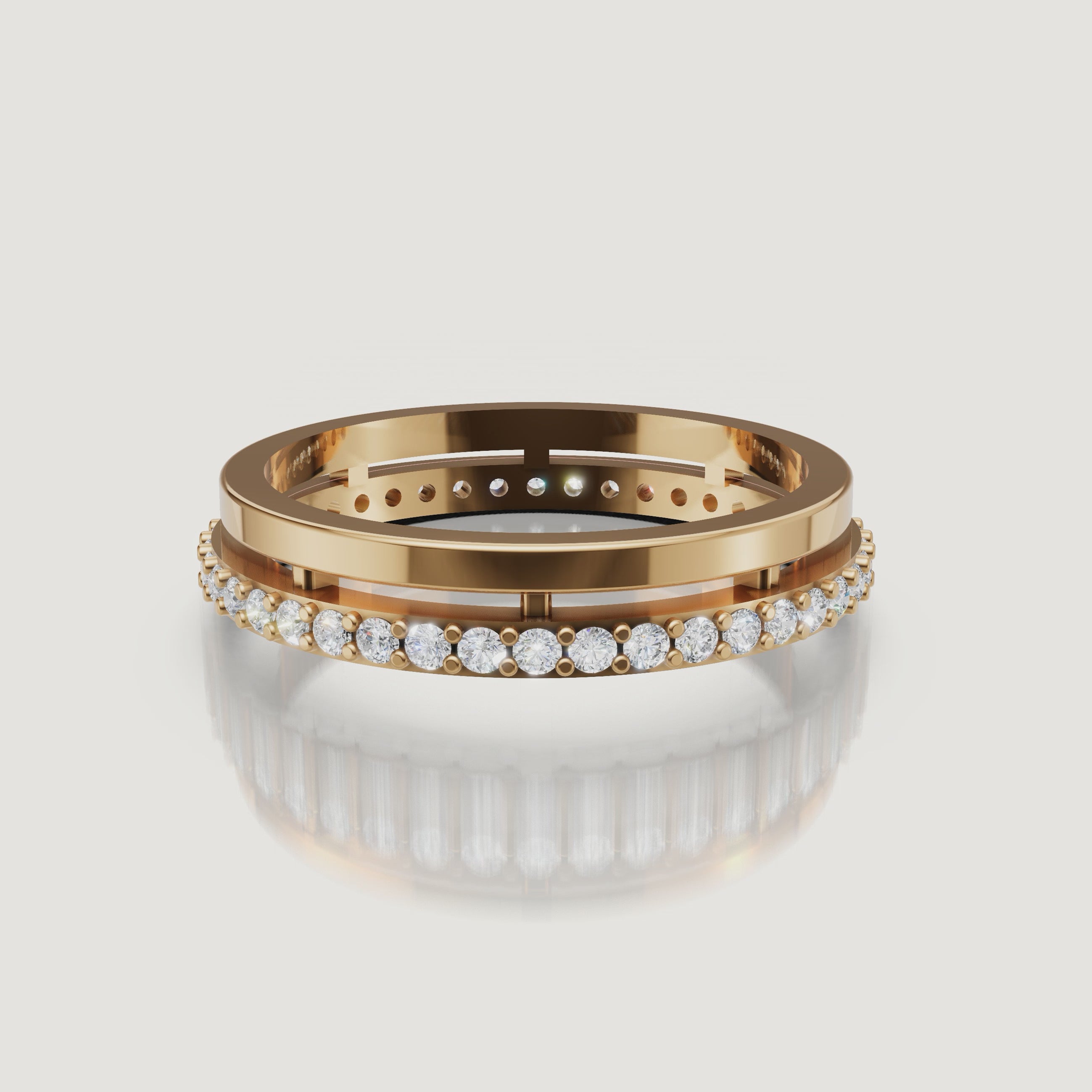 Yellow gold floating diamond wedding band video with pavé round diamonds Raul Diamonds