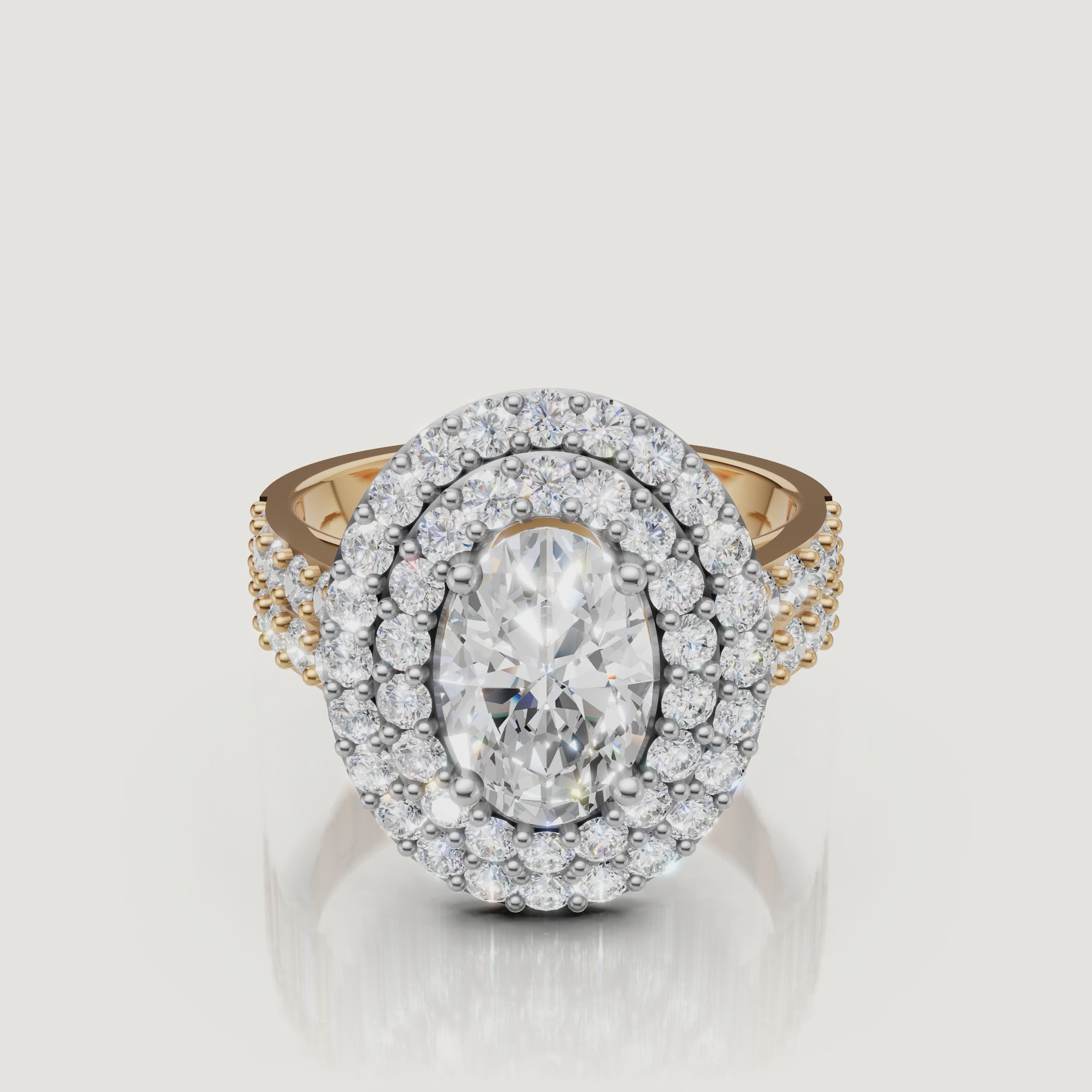 360 video of Raul Diamonds yellow gold oval halo diamond engagement ring with pavé band