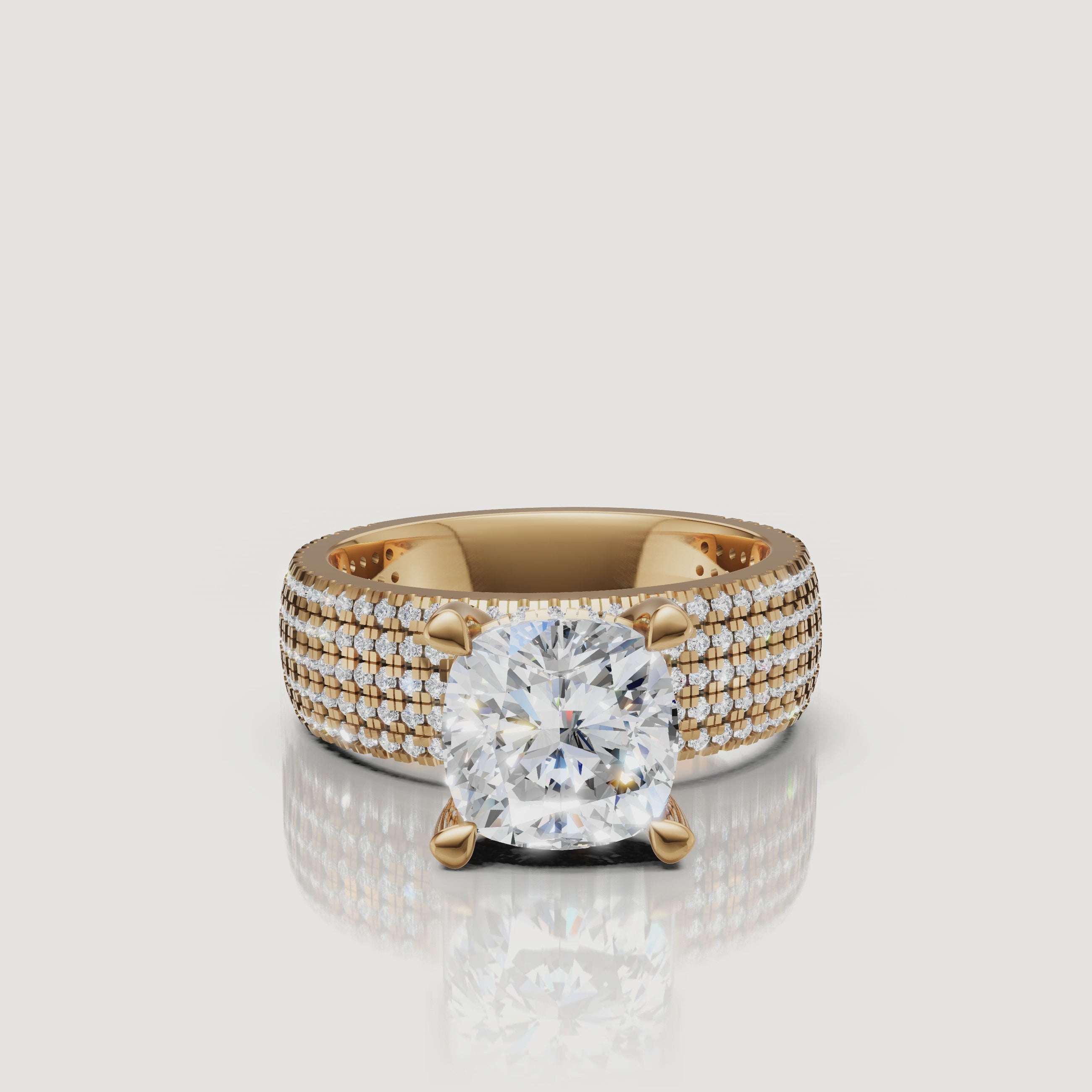 Cushion Lab Grown Diamond Ring Video with Triple Pavé Band in Yellow Gold – Raul Diamonds