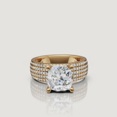 Cushion Lab Grown Diamond Ring Video with Triple Pavé Band in Yellow Gold – Raul Diamonds