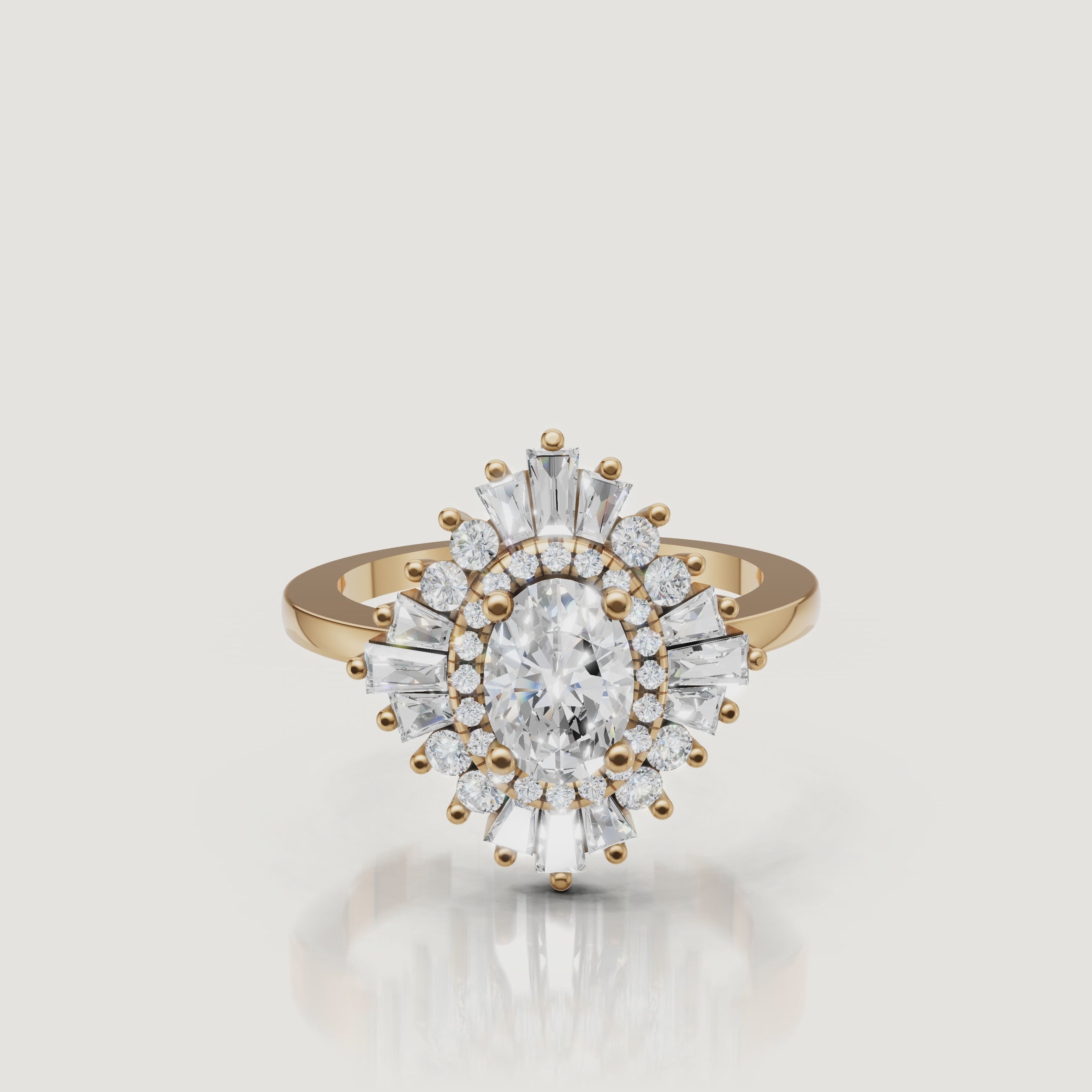 360 video of Raul Diamonds yellow gold oval halo diamond engagement ring with baguette accents