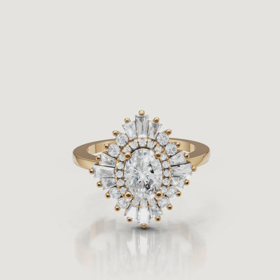 360 video of Raul Diamonds yellow gold oval halo diamond engagement ring with baguette accents