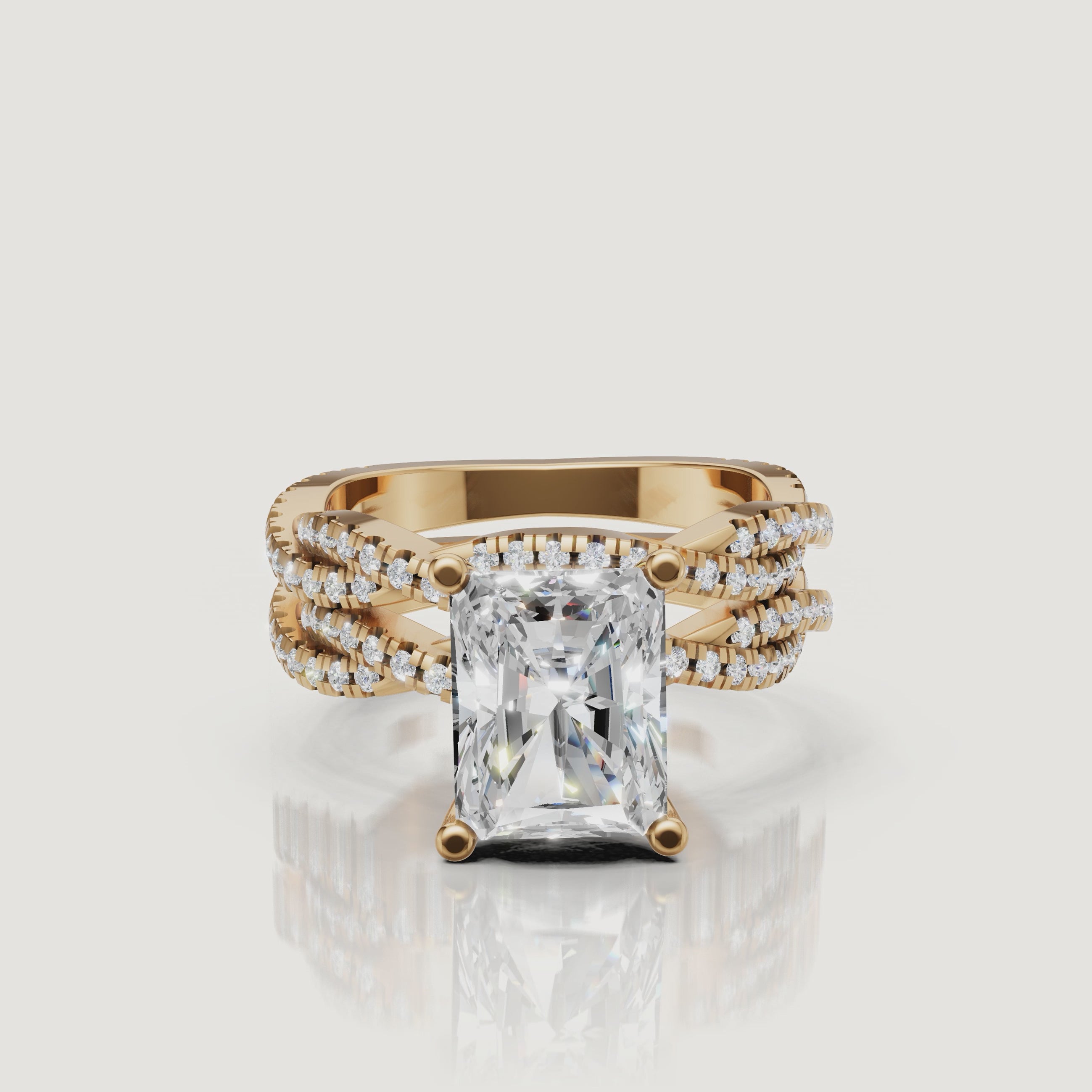 Yellow Gold Radiant Cut Split Shank Bridal Set Video by Raul Diamonds