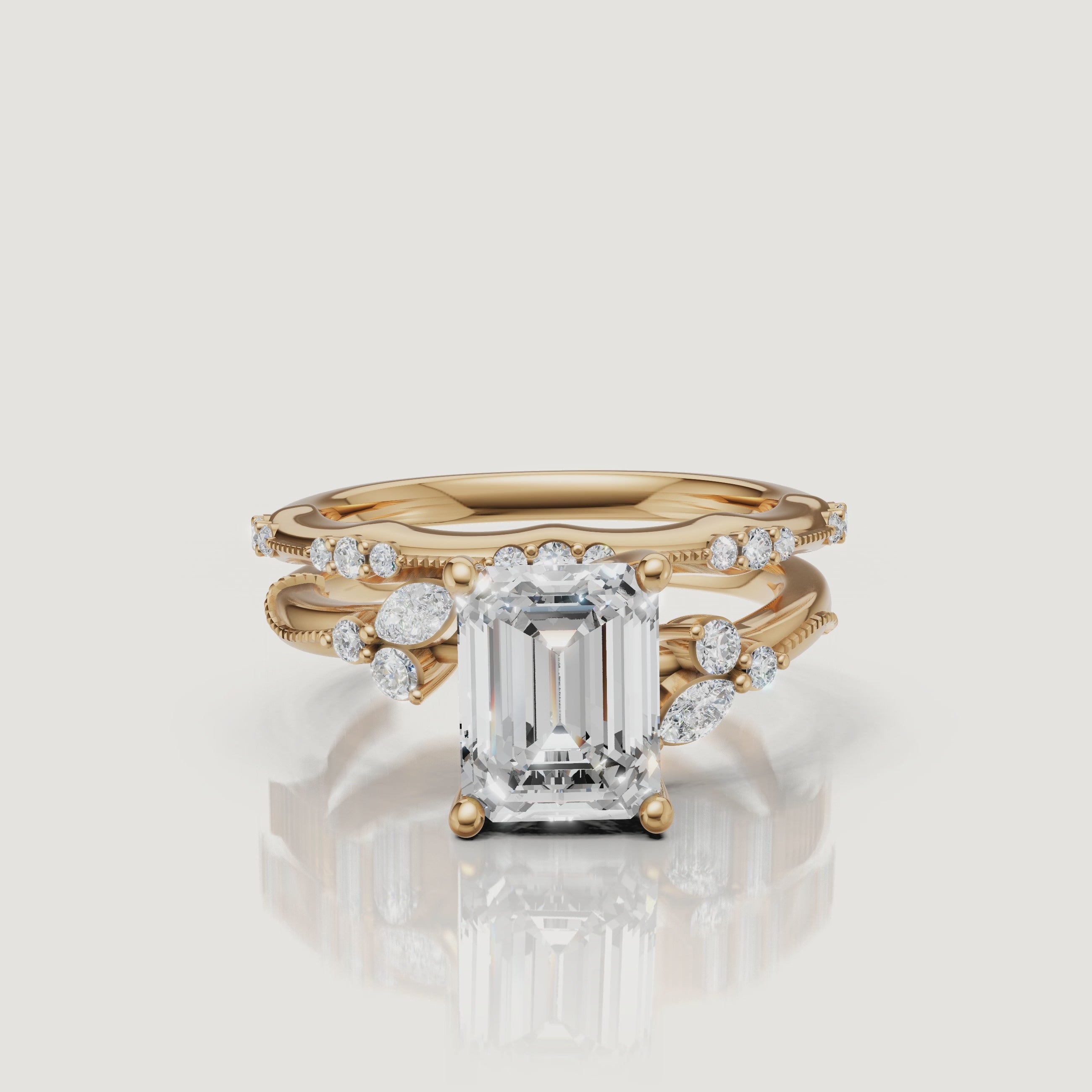 Yellow Gold Emerald Cut Lab Grown Diamond Bridal Set Video by Raul Diamonds
