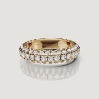 rotating view of triple row pavé lab grown diamond wedding band in polished gold