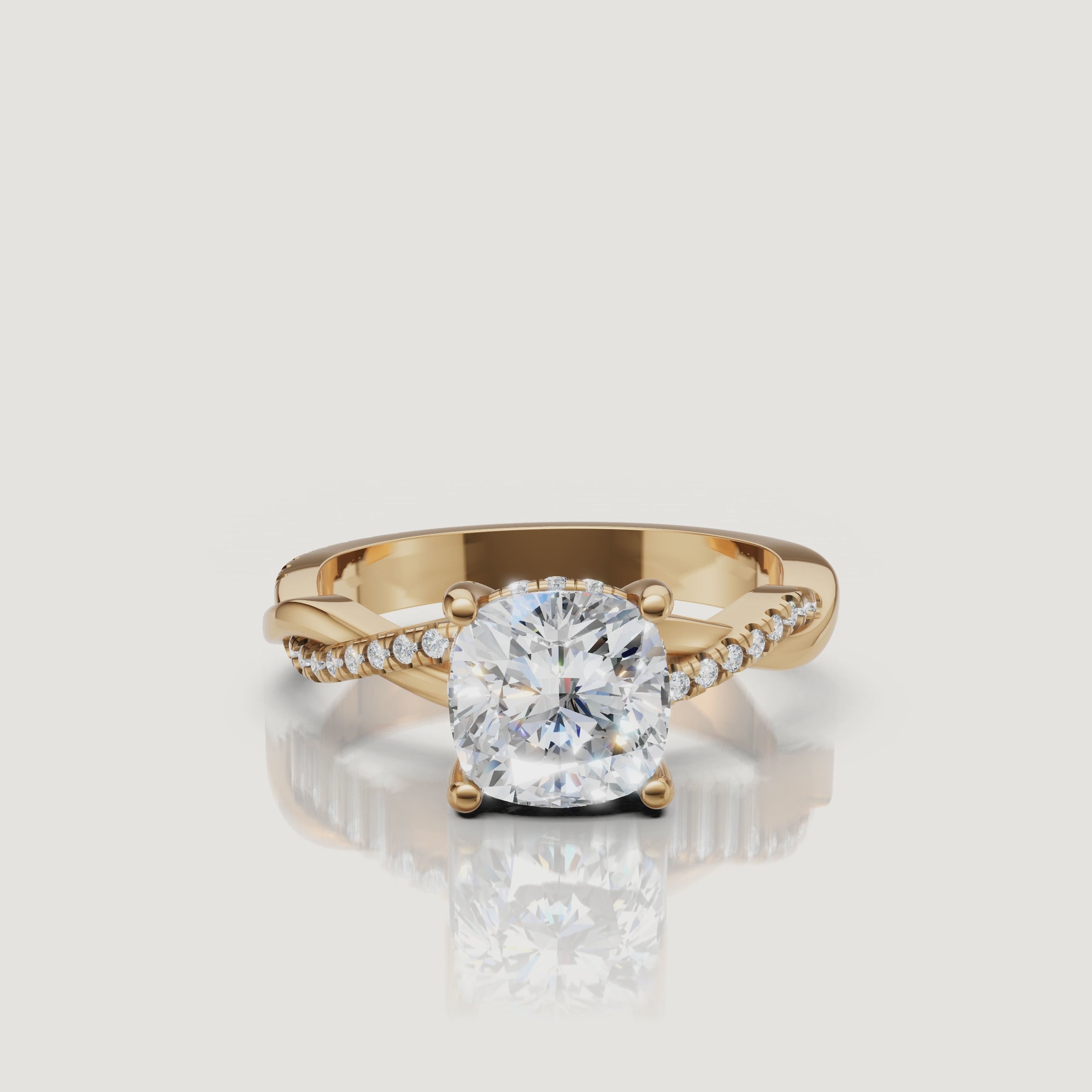 video of cushion cut lab grown diamond bypass engagement ring in 14k gold with pavé diamond crossover band and hidden halo brilliance