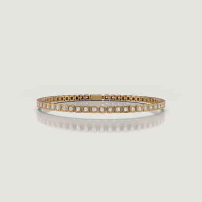 Luxury yellow gold geometric diamond tennis bracelet video by Raul Diamonds with sparkling lab grown diamonds, elegant wrist movement, cinematic close-up shots, and premium fine jewelry styling