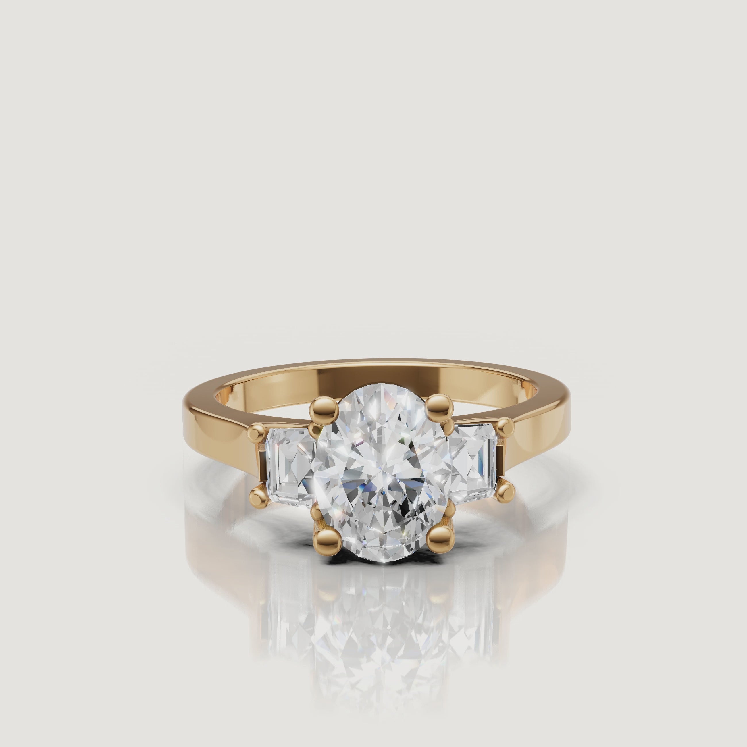 360 video of Raul Diamonds yellow gold oval diamond engagement ring with side stones and polished band
