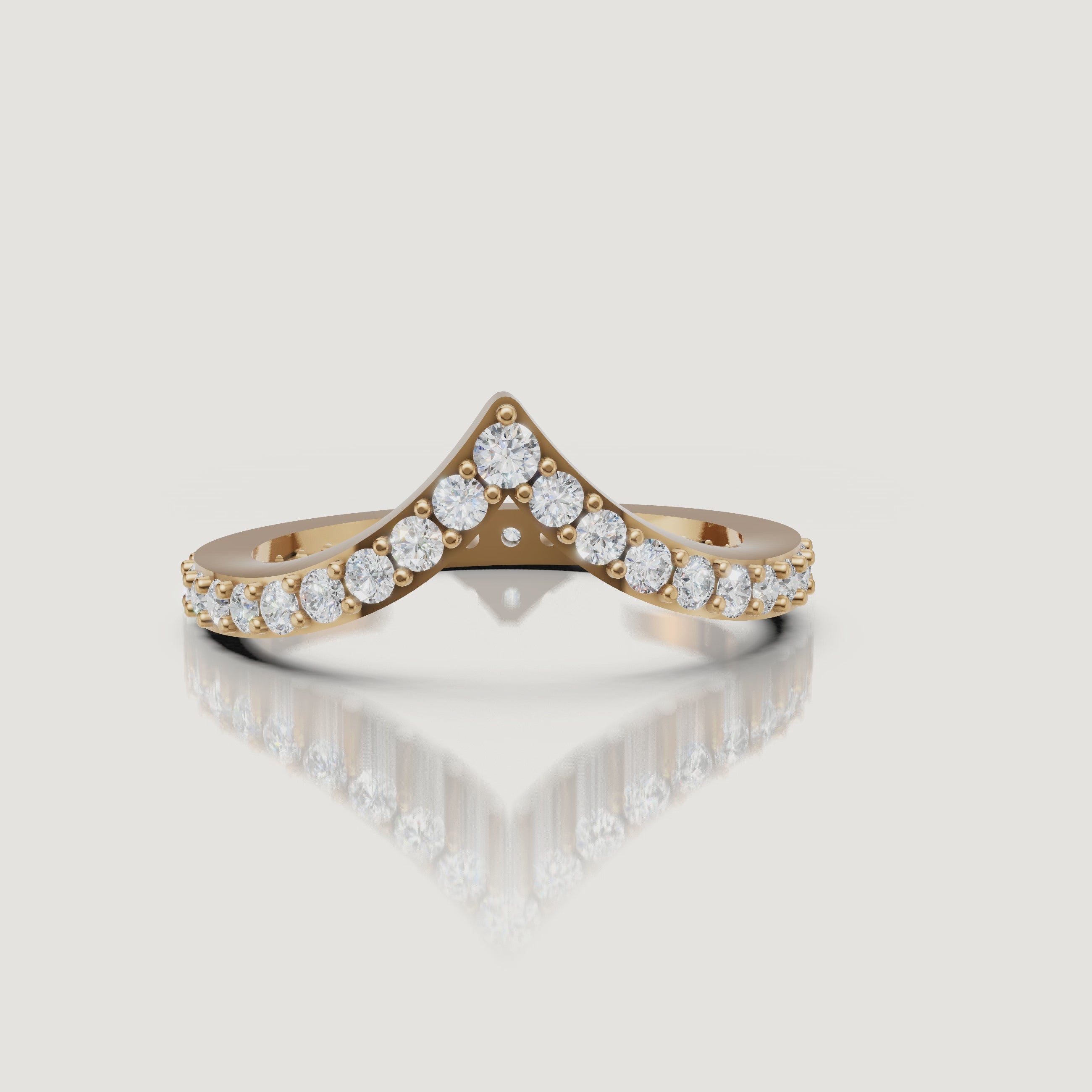 Yellow gold crown inspired diamond wedding band video with curved pavé diamonds by Raul Diamonds