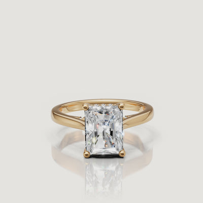 14K yellow gold radiant-cut lab-grown diamond engagement ring with hidden halo by Raul Diamonds rotating video
