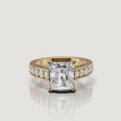 360 video of Raul Diamonds yellow gold radiant cut diamond engagement ring with pavé diamond band