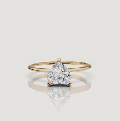 Cinematic video of a heart cut lab grown diamond solitaire engagement ring in yellow gold by Raul Diamonds featuring elegant hand movement, macro diamond sparkle, warm luxury lighting, and premium bridal jewelry styling