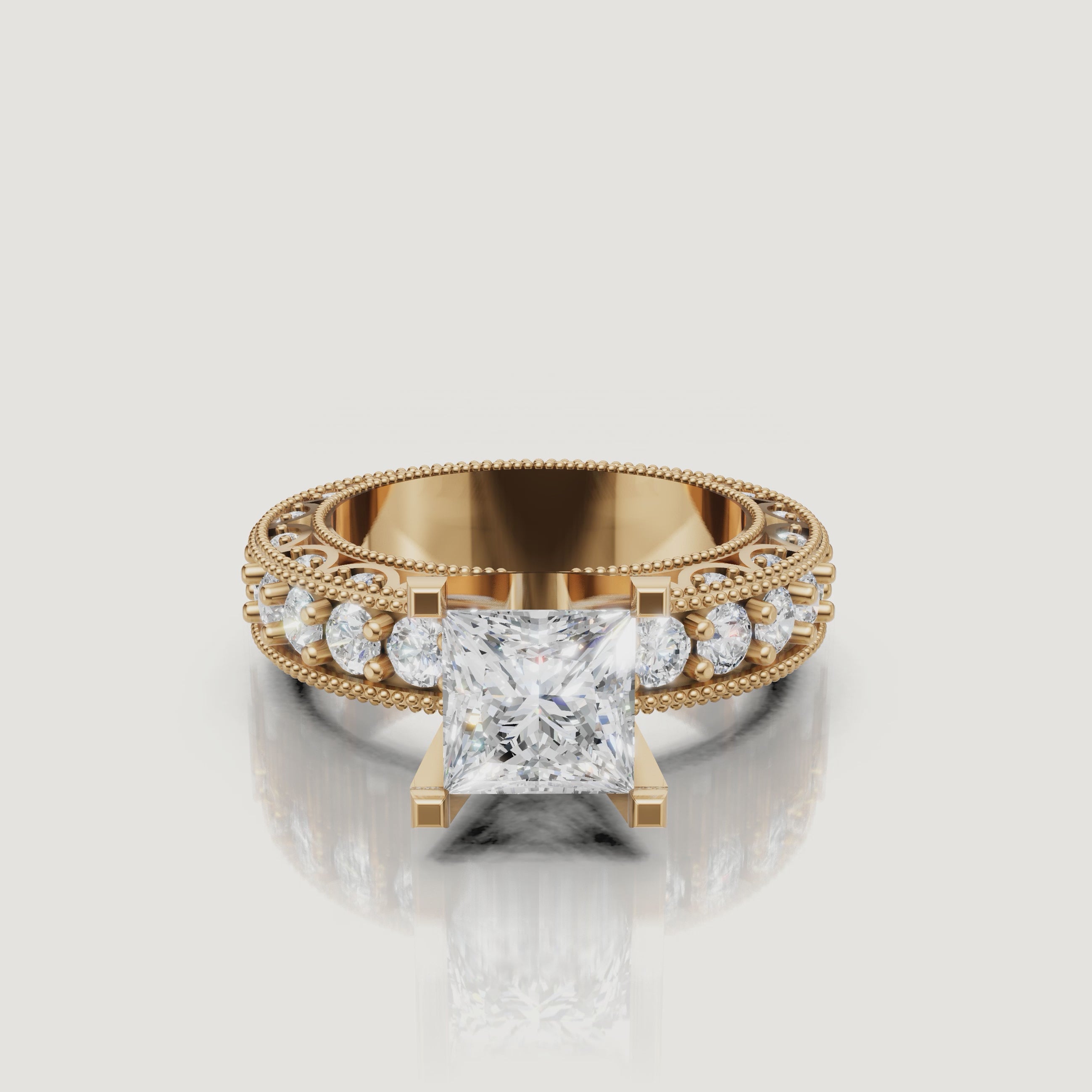 360 video of the Seo yellow gold princess cut diamond engagement ring with pavé band by Raul Diamonds.