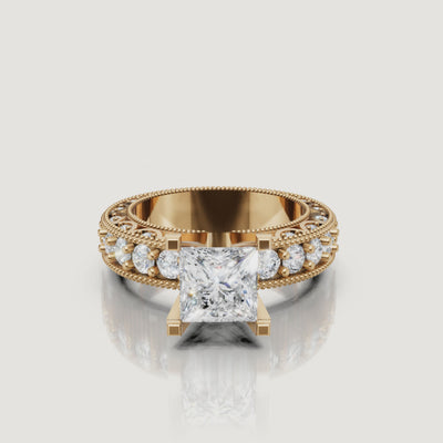 360 video of the Seo yellow gold princess cut diamond engagement ring with pavé band by Raul Diamonds.