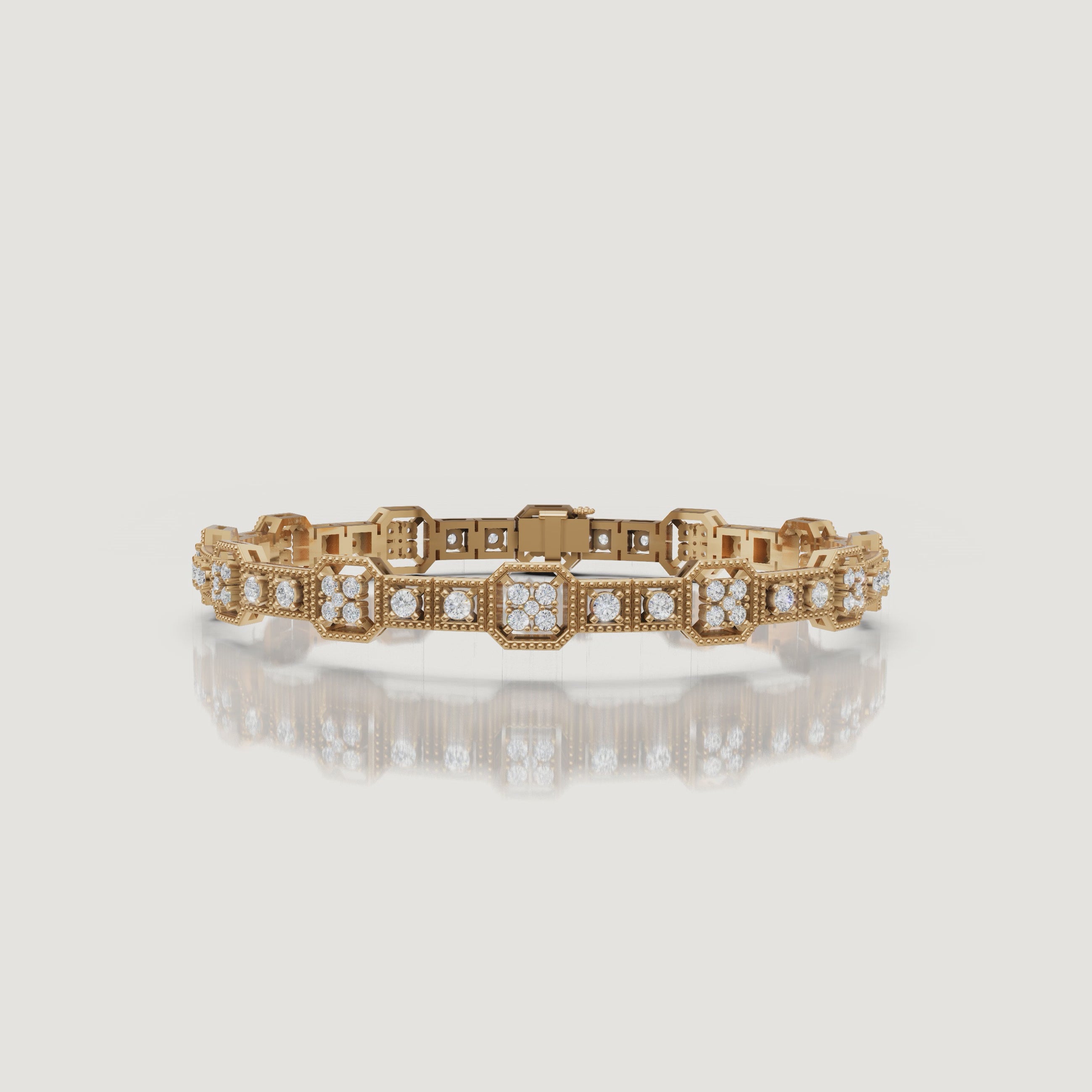 Luxury yellow gold vintage diamond bracelet video by Raul Diamonds showcasing sparkling lab grown diamonds, geometric Art Deco inspired detailing, cinematic wrist movement, and premium fine jewelry close-up elegance