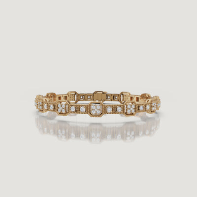 Luxury yellow gold vintage diamond bracelet video by Raul Diamonds showcasing sparkling lab grown diamonds, geometric Art Deco inspired detailing, cinematic wrist movement, and premium fine jewelry close-up elegance