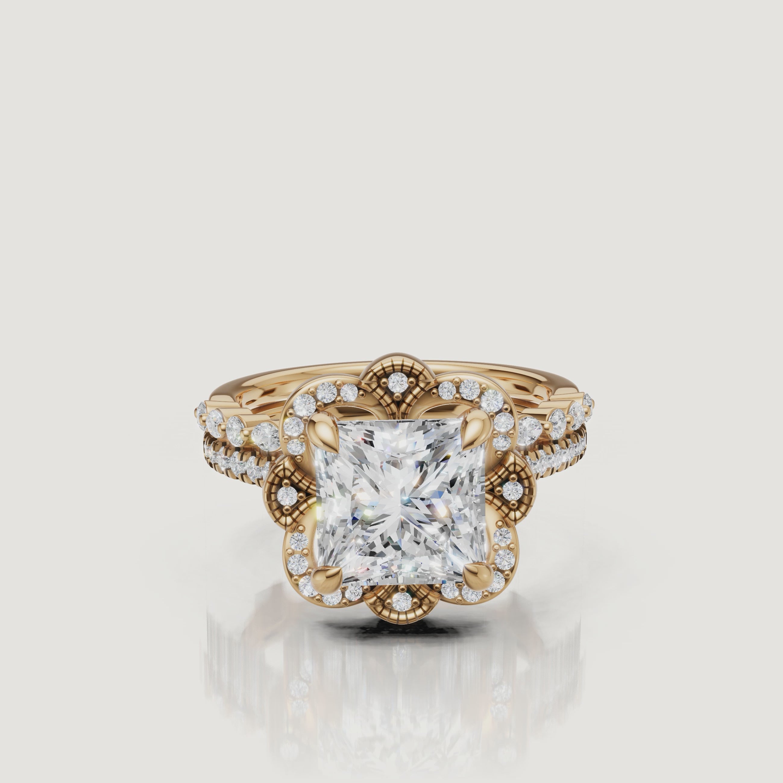 Yellow Gold Princess Cut Floral Halo Bridal Set Video by Raul Diamonds