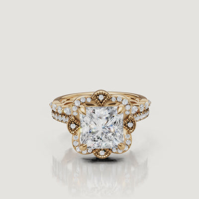 Yellow Gold Princess Cut Floral Halo Bridal Set Video by Raul Diamonds