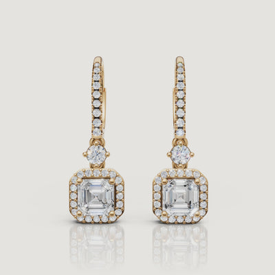 Yellow gold asscher halo diamond drop earrings luxury sparkle video by Raul Diamonds